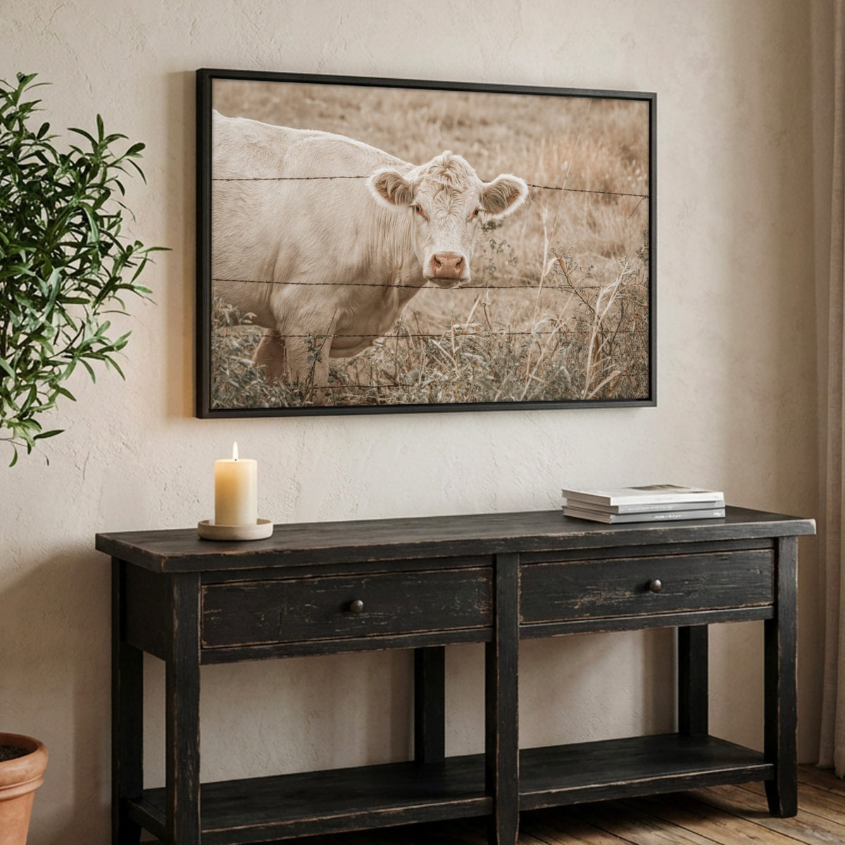 Charolais Cow Canvas Print – Western Wall Art Rustic Canvas-Black Frame / 12 x 18 Inches