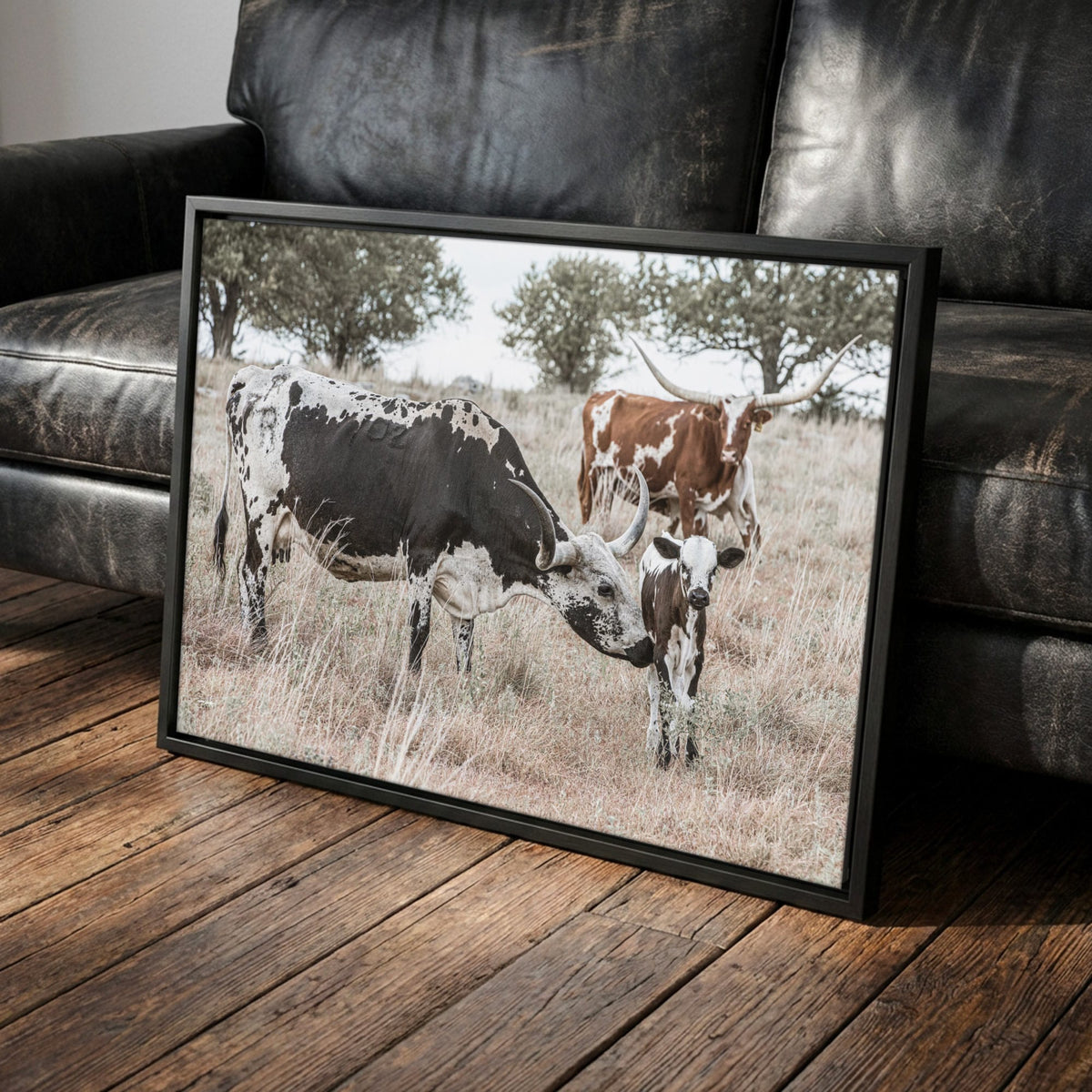 Cowboy Nursery Decor Wall Art - Longhorn Cattle Canvas-Black Frame / 12 x 18 Inches
