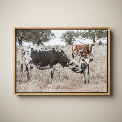 Cowboy Nursery Decor Wall Art - Longhorn Cattle Canvas-Natural Oak Float Frame / 12 x 18 Inches