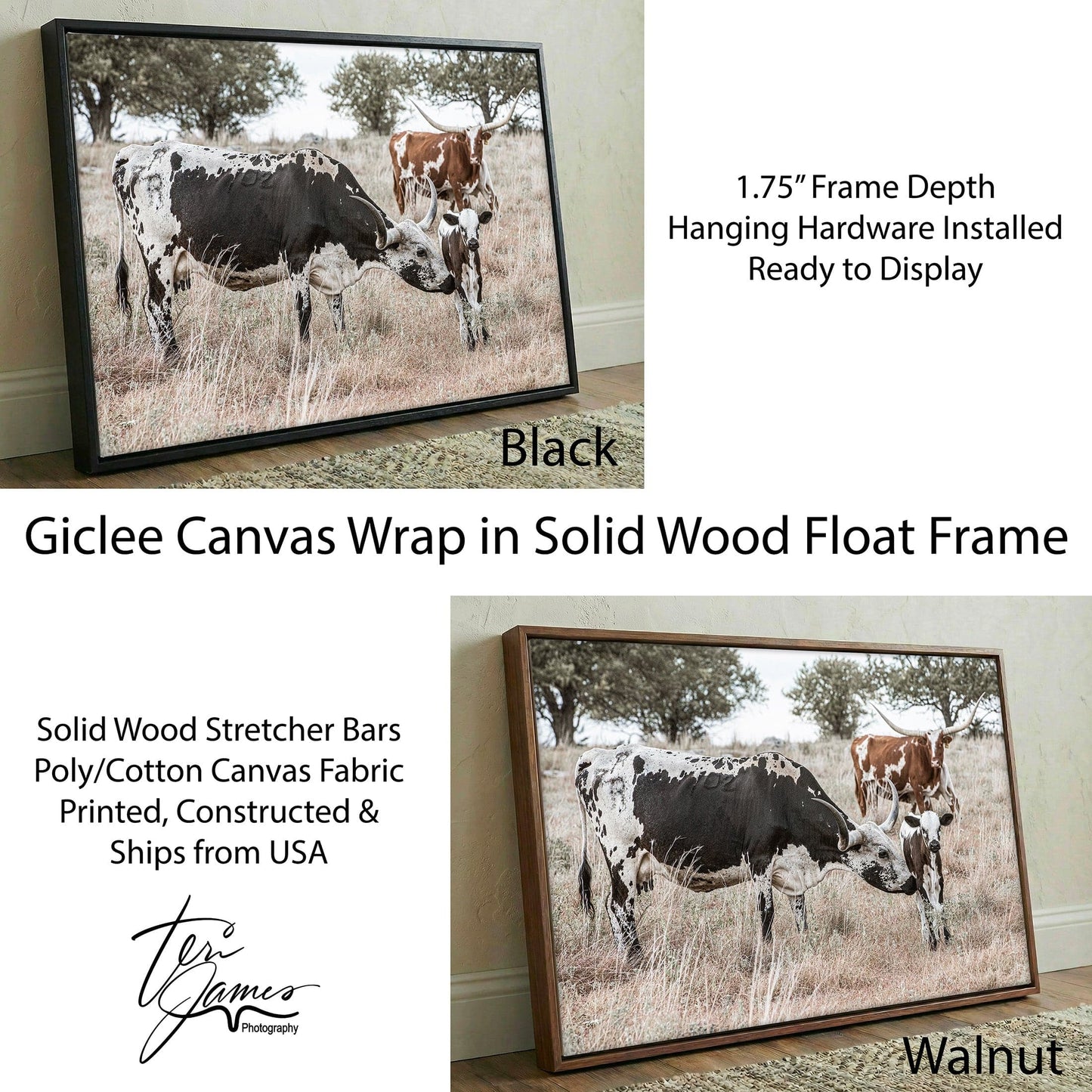 Cowboy Nursery Decor Wall Art - Longhorn Cattle Canvas-Black Frame / 12 x 18 Inches Wall Art Teri James Photography