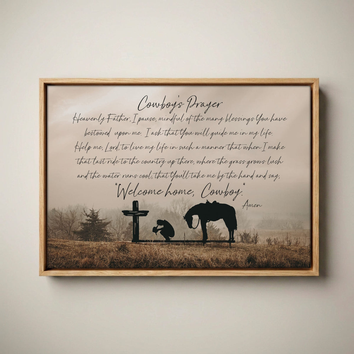 Cowboy Prayer Wall Art Canvas - Praying Cowboy and Horse Canvas-Natural Oak Float Frame / 12 x 18 Inches