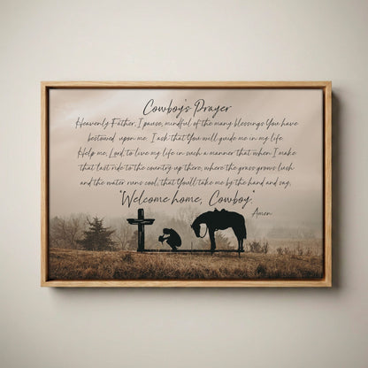 Cowboy Prayer Wall Art Canvas - Praying Cowboy and Horse Canvas-Natural Oak Float Frame / 12 x 18 Inches