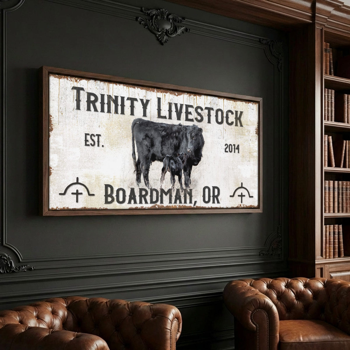 Custom Ranch Sign - Personalized with Cattle Brand Canvas-Walnut Frame / 10 x 20 Inches
