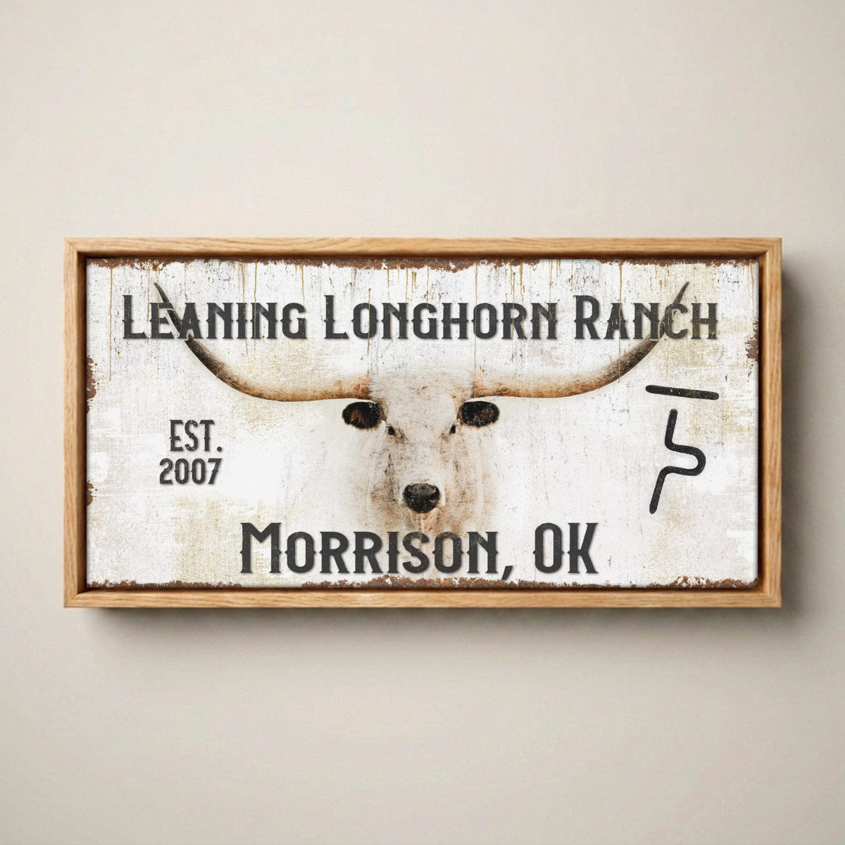 Custom Ranch Sign - Personalized with Cattle Brand Canvas-Natural Oak Float Frame / 10 x 20 Inches