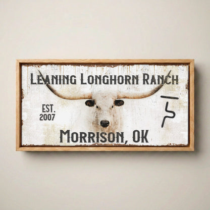 Custom Ranch Sign - Personalized with Cattle Brand Canvas-Natural Oak Float Frame / 10 x 20 Inches