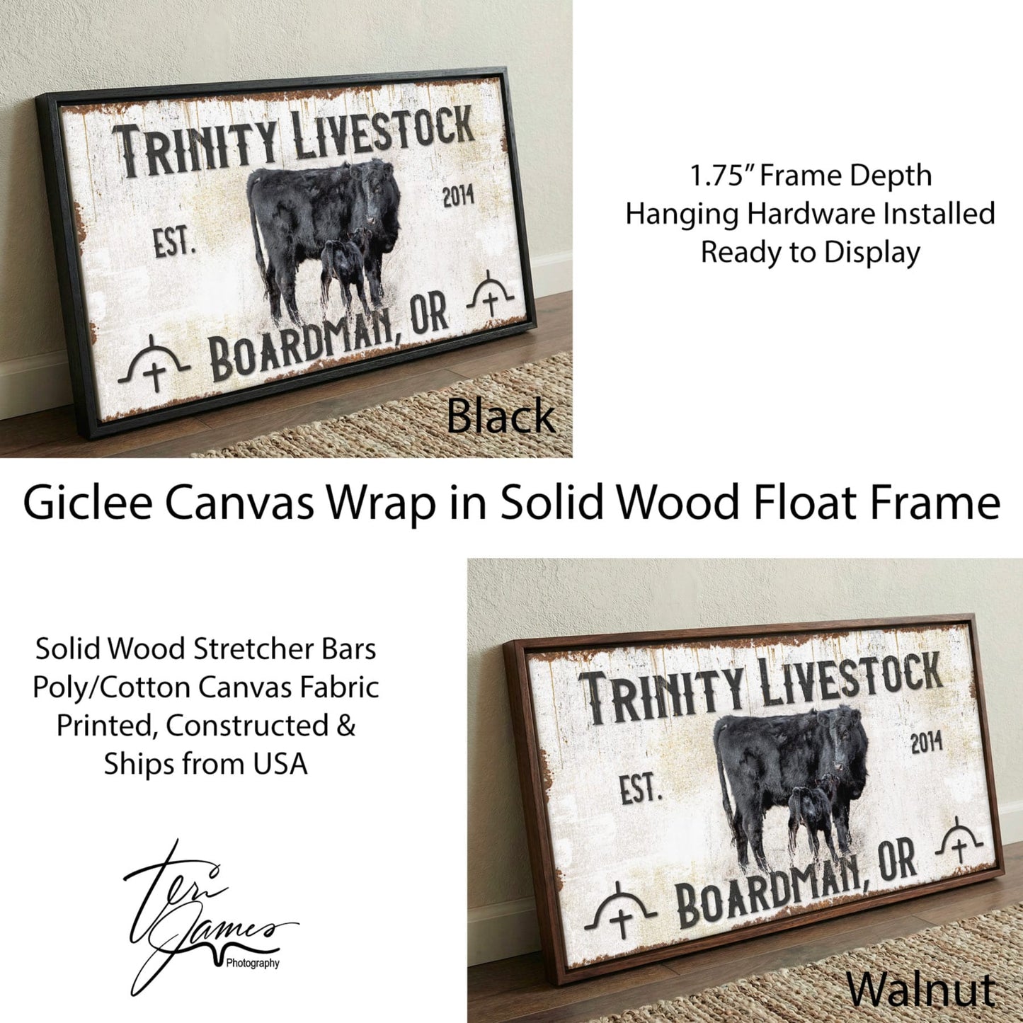 Custom Ranch Sign - Personalized with Cattle Brand Canvas-Walnut Frame / 10 x 20 Inches