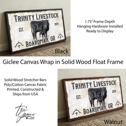 Custom Ranch Sign - Personalized with Cattle Brand Canvas-Walnut Frame / 10 x 20 Inches