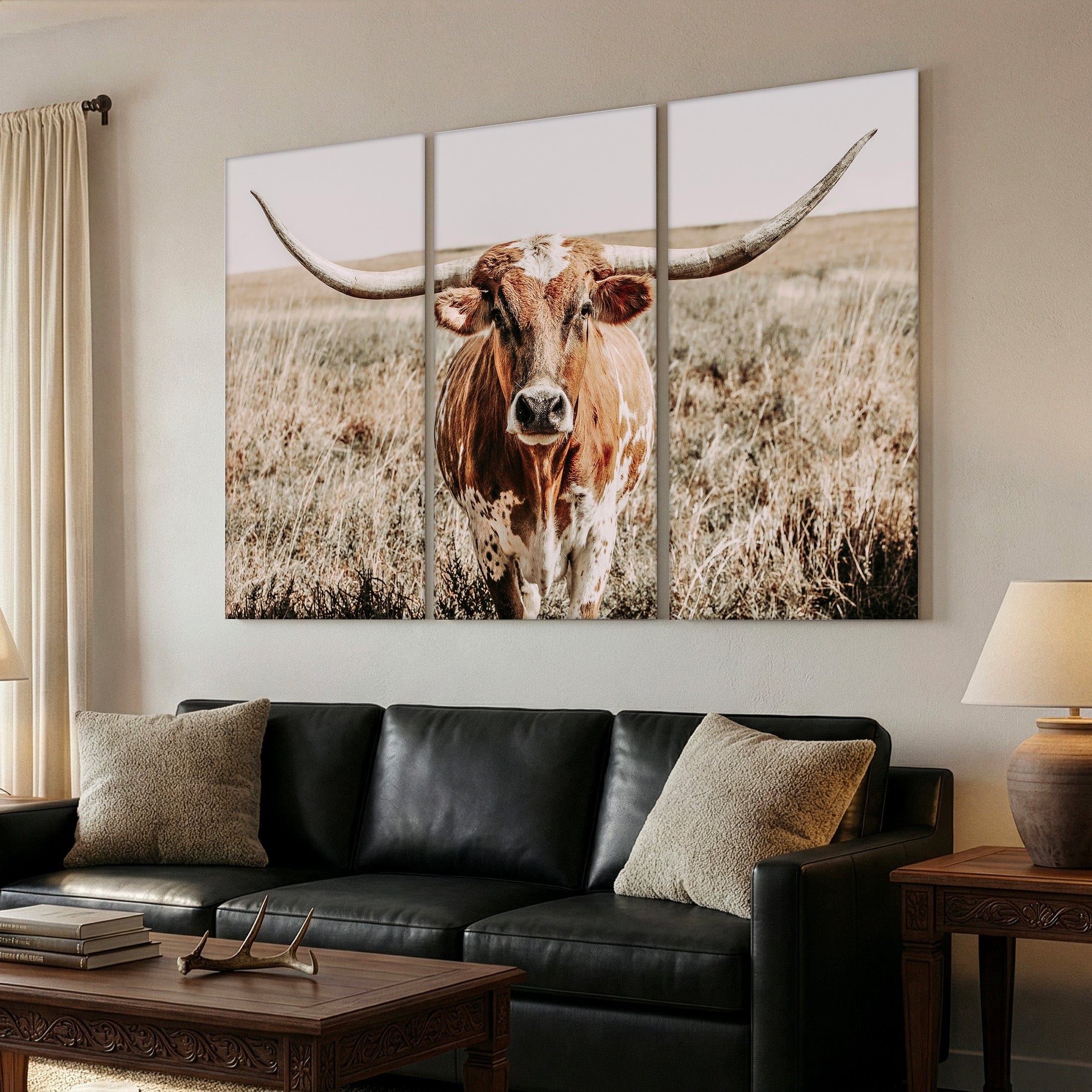 Stampa Su Tela Con Mucca Longhorn - Quadro Grande 50x120 Cm Per Parete - Decorazione Rustica Per Soggiorno, Ufficio, Ristorante, Bar