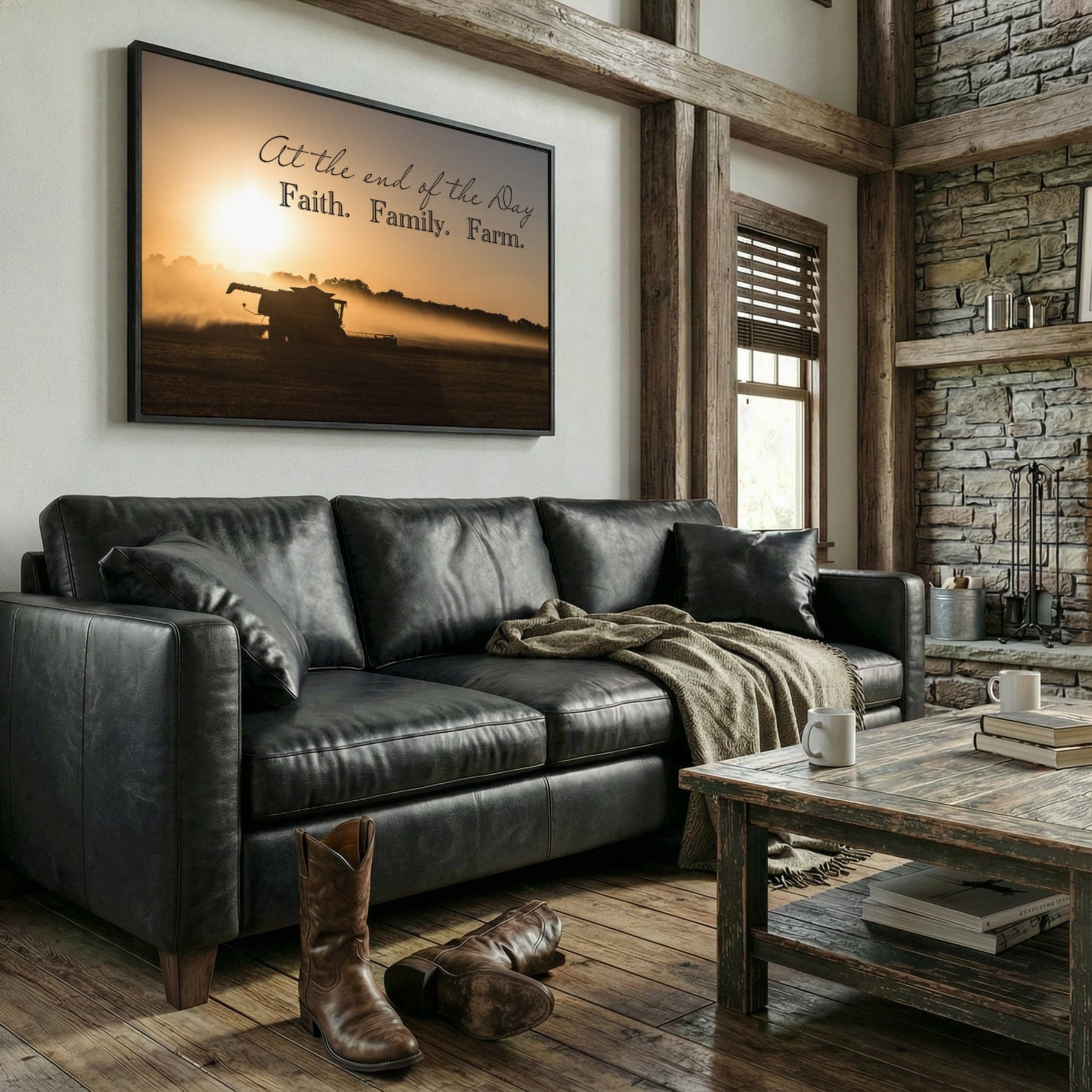 Faith Family Farm Wall Art - Rustic Farming Home Decor Canvas-Black Frame / 12 x 18 Inches