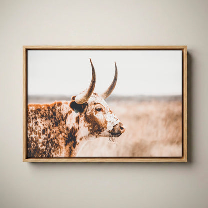 Farmhouse Longhorn Decor - Rustic Wall Art Sepia Canvas Print Canvas-Natural Oak Float Frame / 12 x 18 Inches