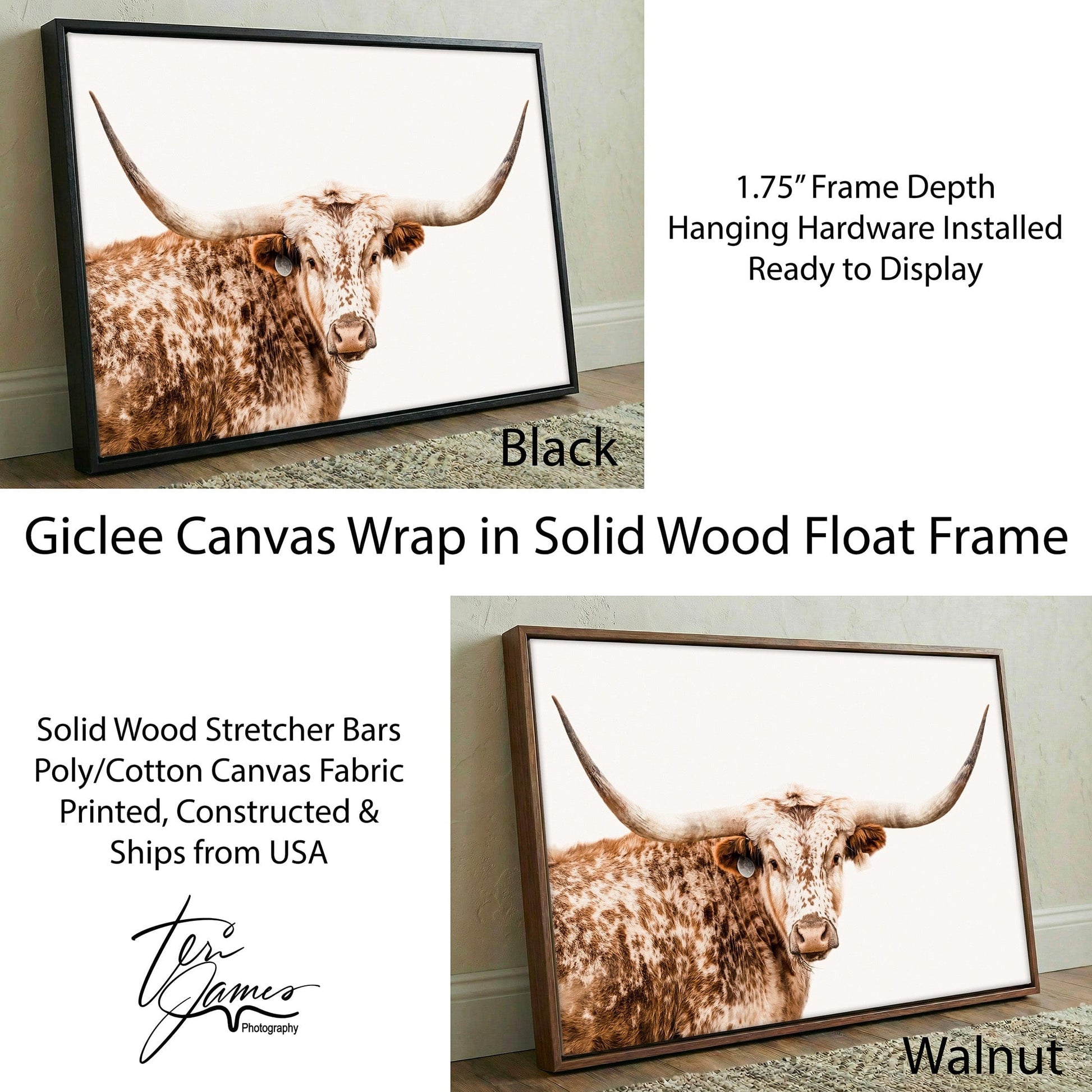 Farmhouse Longhorn Wall Decor – Large Rustic Texas Longhorn Canvas Print Canvas-Black Frame / 12 x 18 Inches Wall Art Teri James Photography