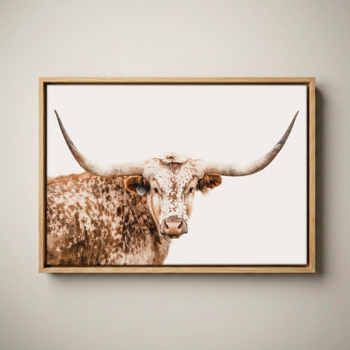 Farmhouse Longhorn Wall Decor – Large Western Art Canvas-Natural Oak Float Frame / 12 x 18 Inches