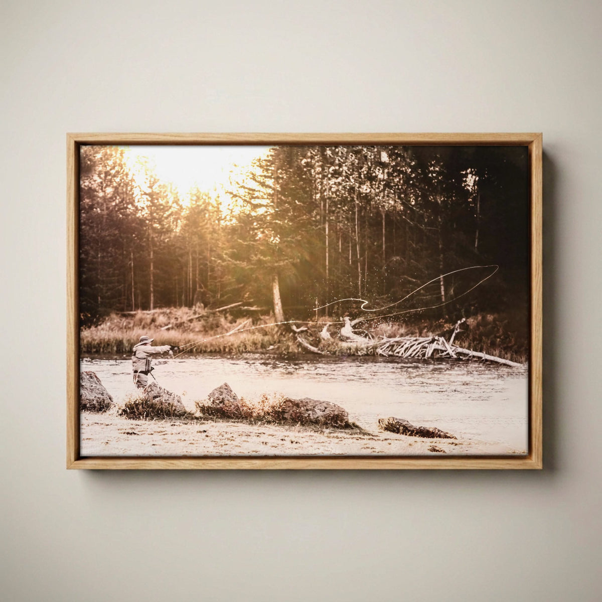 Fishing Man Cave Decor – Fly Fisherman Canvas Canvas-Natural Oak Float Frame / 12 x 18 Inches