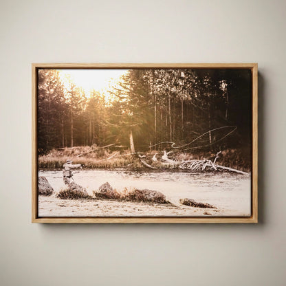 Fishing Man Cave Decor – Fly Fisherman Canvas Canvas-Natural Oak Float Frame / 12 x 18 Inches