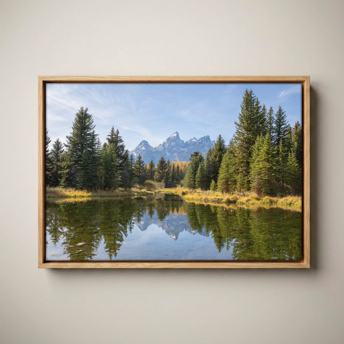 Grand Teton Wall Art – Wyoming Landscape Canvas-Natural Oak Float Frame / 12 x 18 Inches