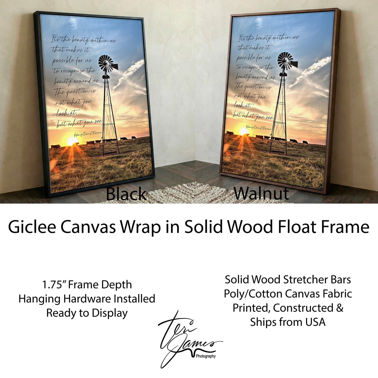 Henry David Thoreau Art – Inspirational Wall Art Featuring Old Windmill Print Canvas-Black Frame / 12 x 18 Inches Wall Art Teri James Photography