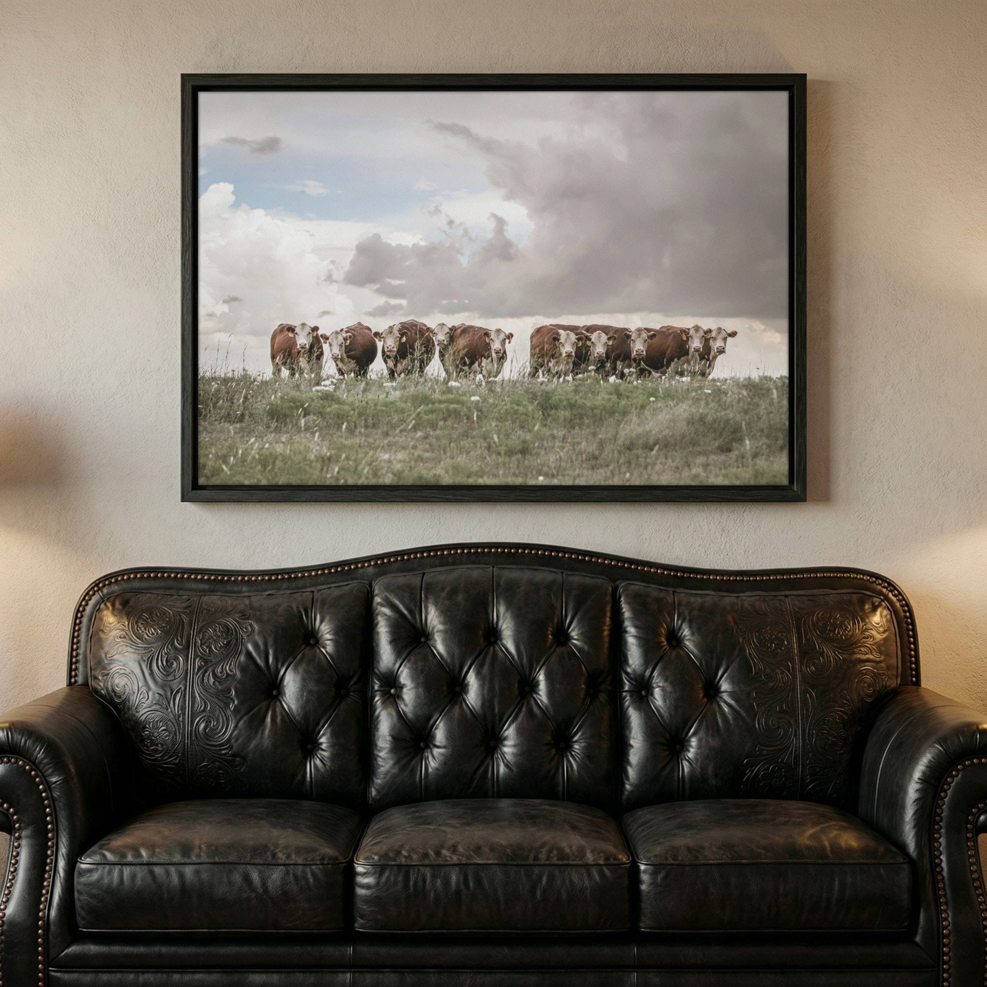 Hereford Cows Canvas Rustic Wall Art – Western Decor Print With Stormy Sky Canvas-Black Frame / 12 x 18 Inches Wall Art Teri James Photography