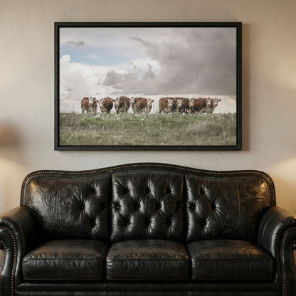 Hereford Cows Canvas Rustic Wall Art – Western Decor Print With Stormy Sky Canvas-Black Frame / 12 x 18 Inches Wall Art Teri James Photography
