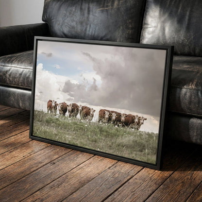 Hereford Cows Canvas Rustic Wall Art – Western Decor Print With Stormy Sky Canvas-Black Frame / 12 x 18 Inches Wall Art Teri James Photography