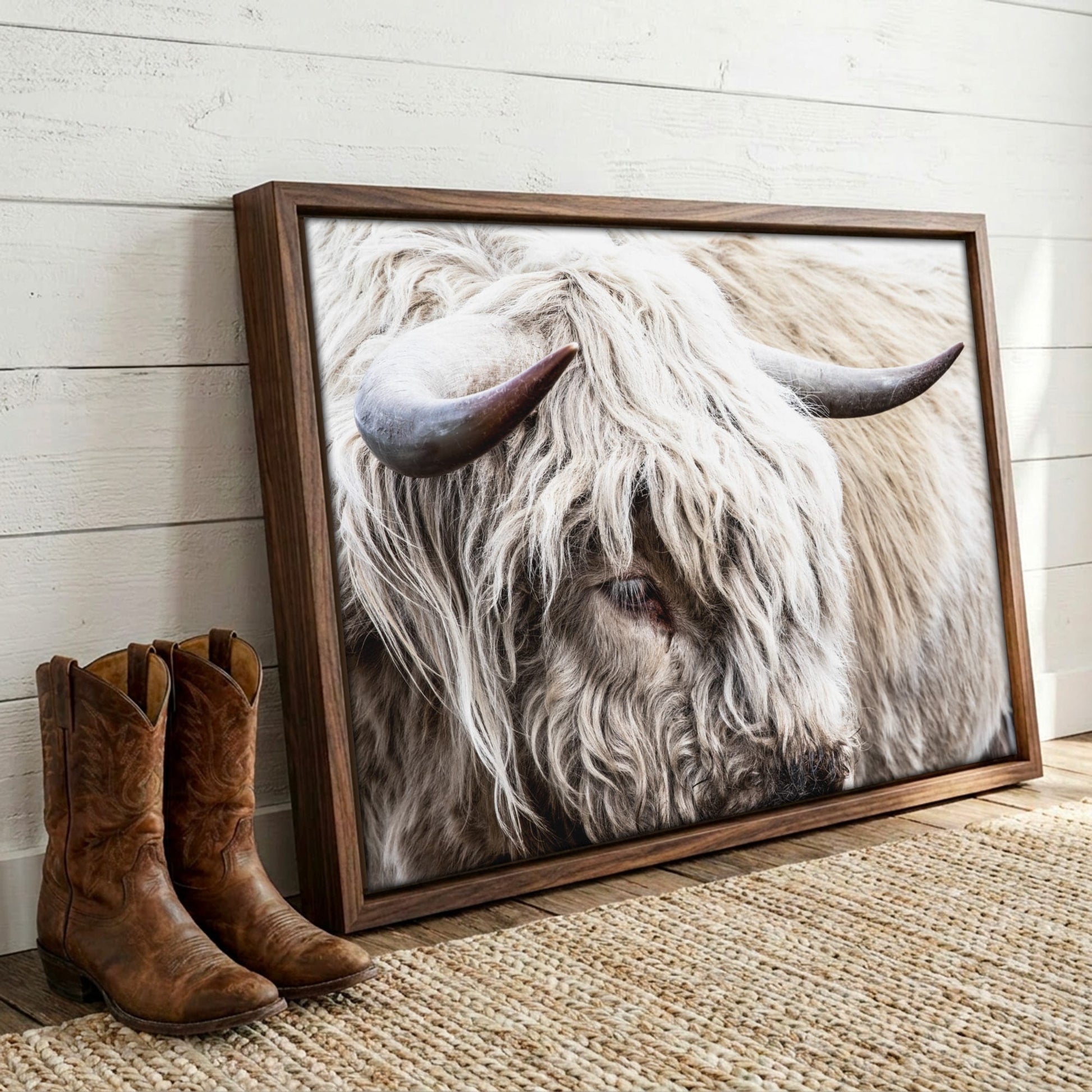 Highland Bull Canvas Print - Modern Cow Art Canvas-Walnut Frame / 12 x 18 Inches