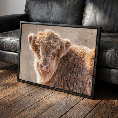 Highland Cow Nursery Canvas - Scottish Calf Wall Art for Baby Room Canvas-Black Frame / 12 x 18 Inches
