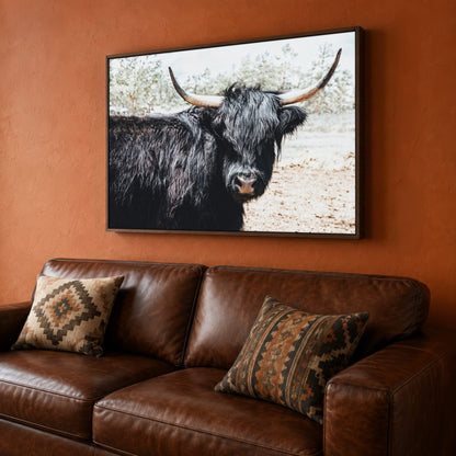 Highland Cow Picture - Rustic Farmhouse Framed Canvas Print Canvas-Walnut Frame / 12 x 18 Inches