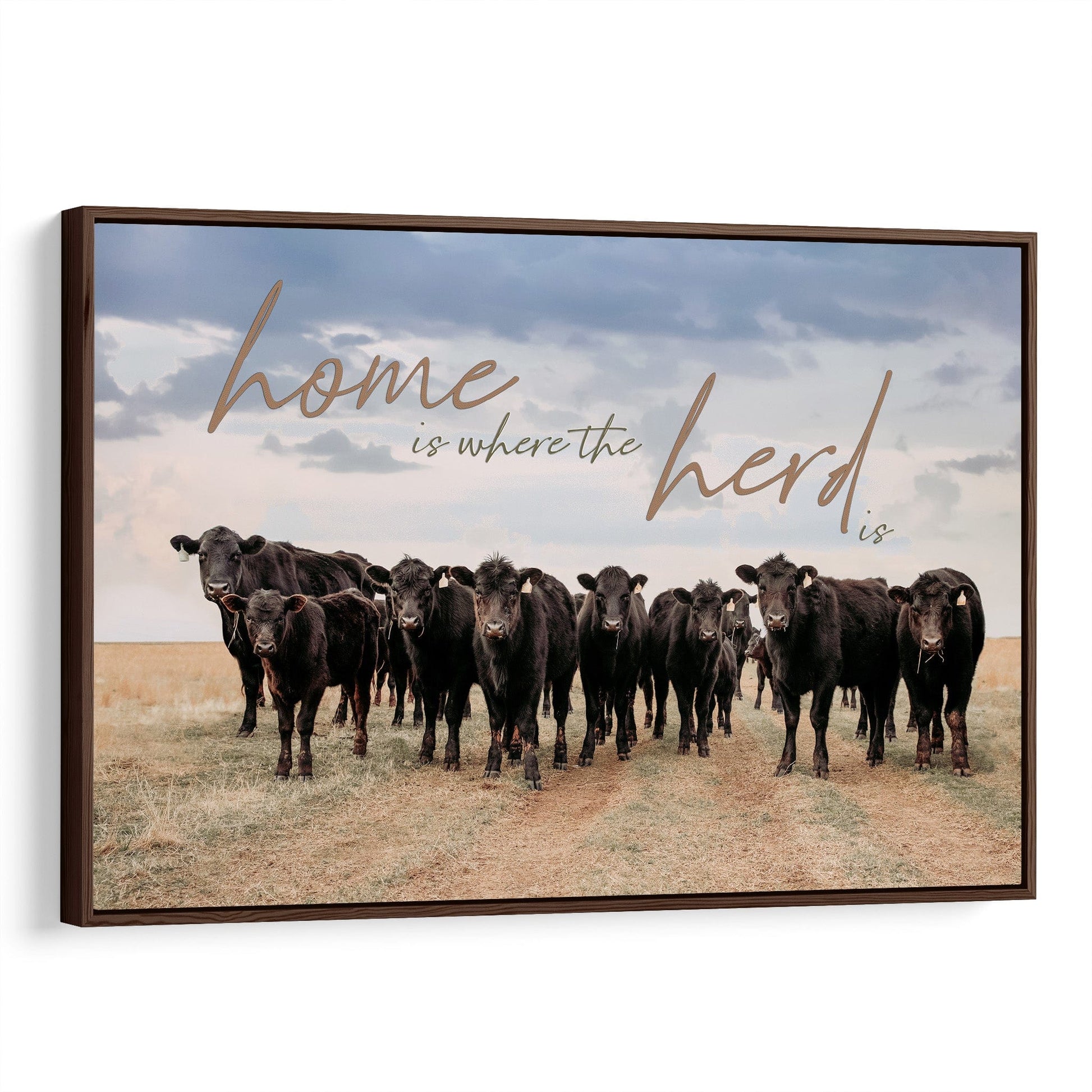 Home is Where the Herd Is - Black Angus Inspirational Canvas Canvas-Walnut Frame / 12 x 18 Inches Wall Art Teri James Photography