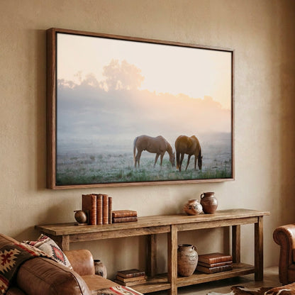Horse Canvas Wall Art - Horses in Foggy Pasture Canvas-Walnut Frame / 12 x 18 Inches