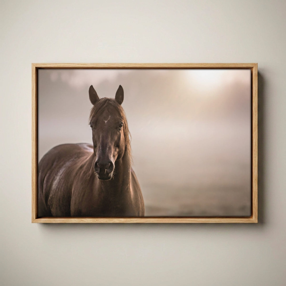 Horse Decor Canvas Print - Horse in Foggy Pasture Canvas-Natural Oak Float Frame / 12 x 18 Inches