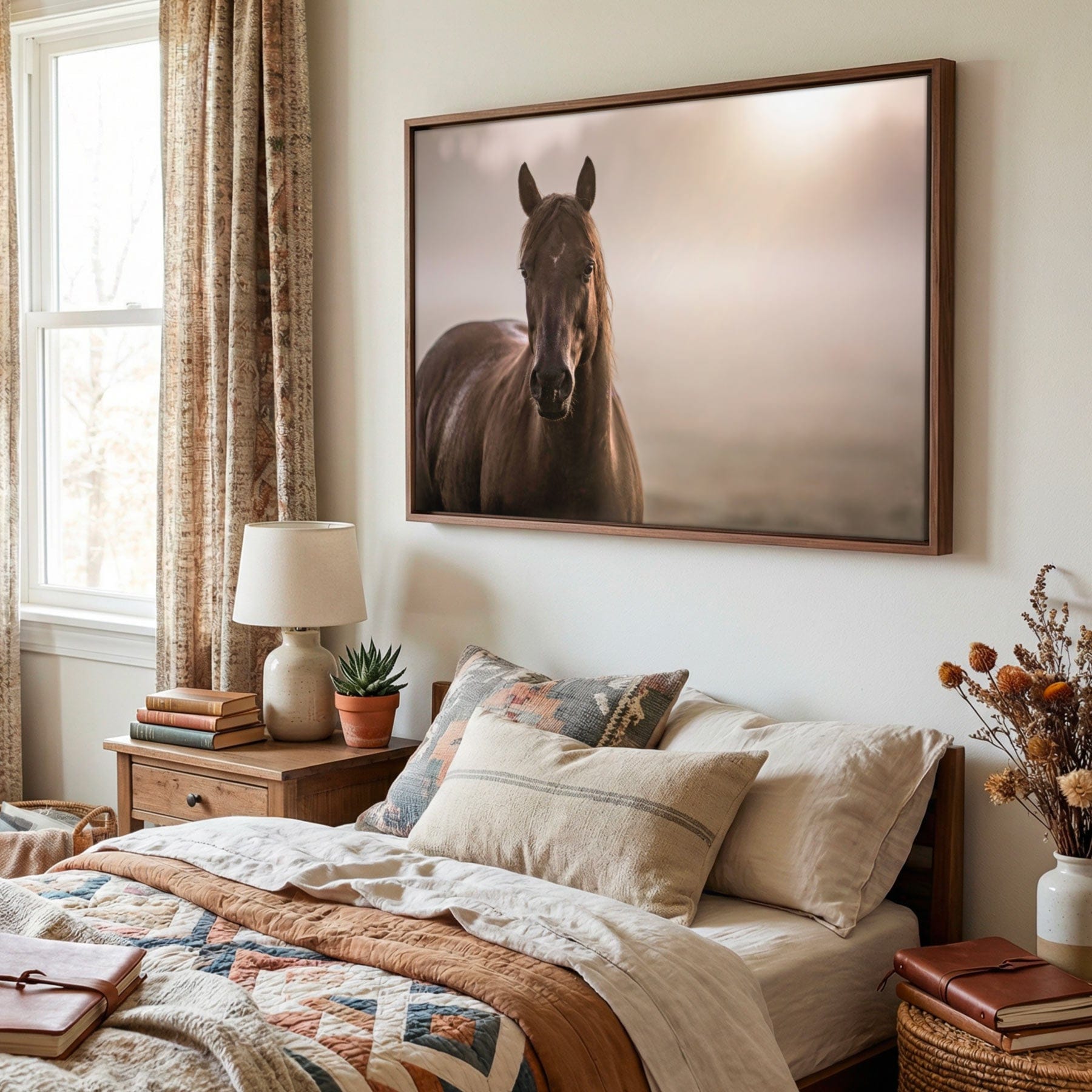 Horse Decor Canvas Print - Horse in Foggy Pasture Wall Art Teri James Photography