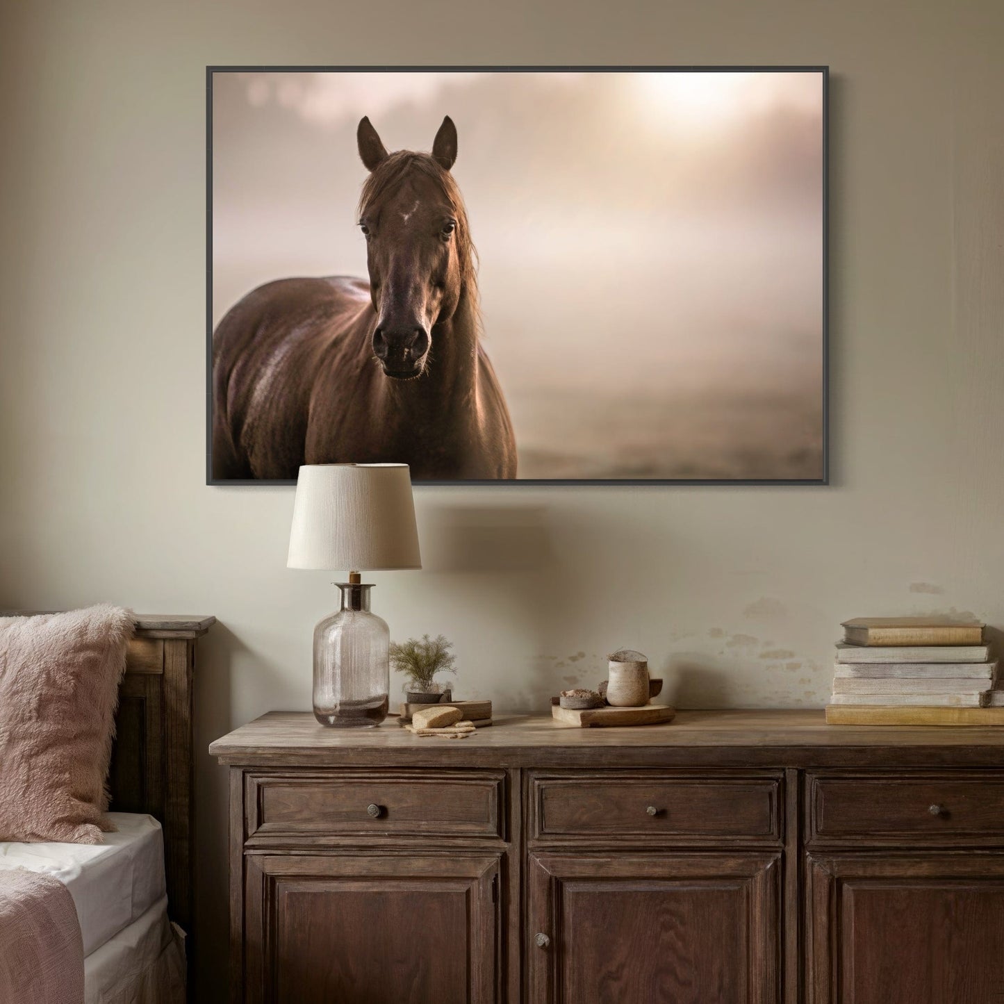 Horse Decor Canvas Print - Horse in Foggy Pasture Wall Art Teri James Photography