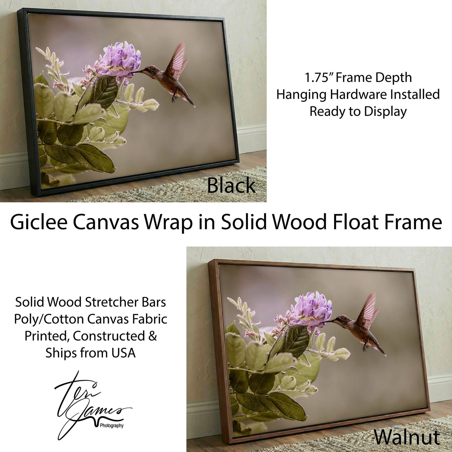 Hummingbird Photo Print - Wisteria Flower Art Nature Wall Decor by Teri James Canvas-Black Frame / 12 x 18 Inches Wall Art Teri James Photography
