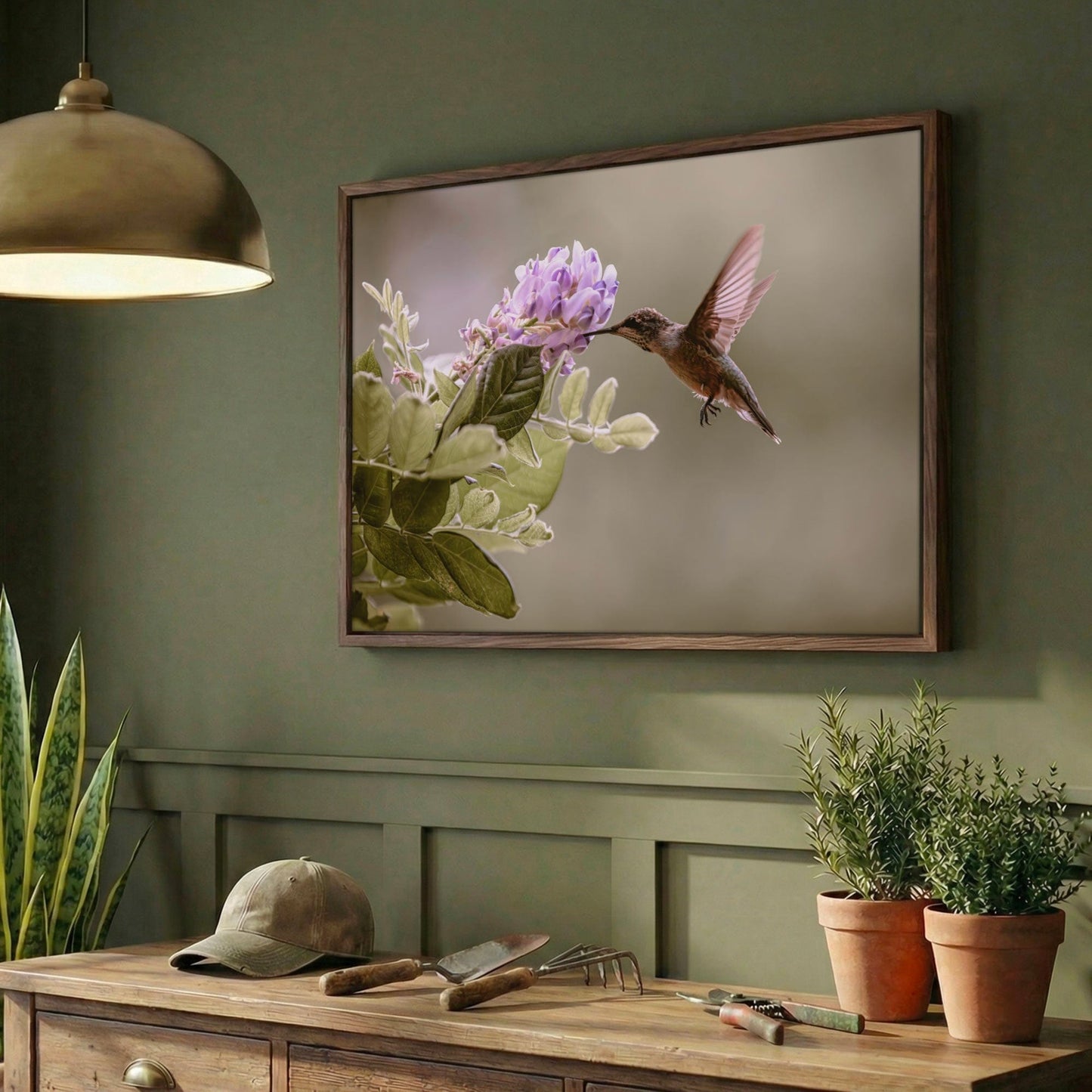 Hummingbird Photo Print - Wisteria Flower Art Canvas-Walnut Frame / 12 x 18 Inches