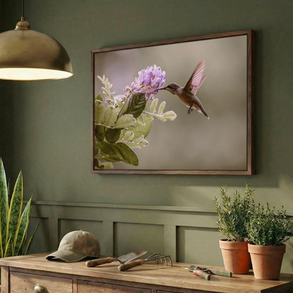 Hummingbird Photo Print - Wisteria Flower Art Canvas-Walnut Frame / 12 x 18 Inches