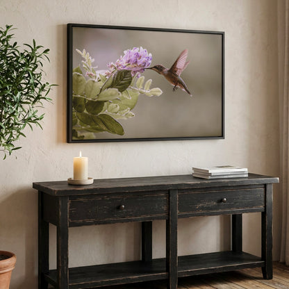 Hummingbird Photo Print - Wisteria Flower Art Canvas-Black Frame / 12 x 18 Inches