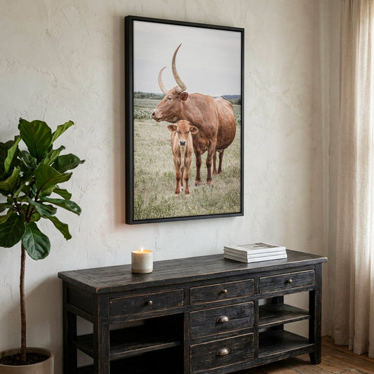 Longhorn Art Canvas - Texas Wall Art Rustic Home Decor Canvas-Black Frame / 12 x 18 Inches