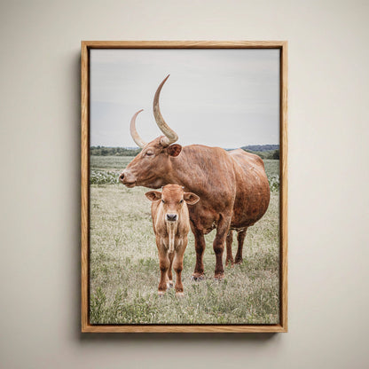 Longhorn Art Canvas - Texas Wall Art Rustic Home Decor Canvas-Natural Oak Float Frame / 12 x 18 Inches