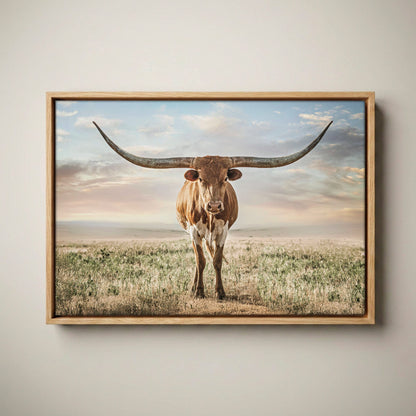 Longhorn Artwork Canvas Print – Texas Longhorn Wall Art Canvas-Natural Oak Float Frame / 12 x 18 Inches