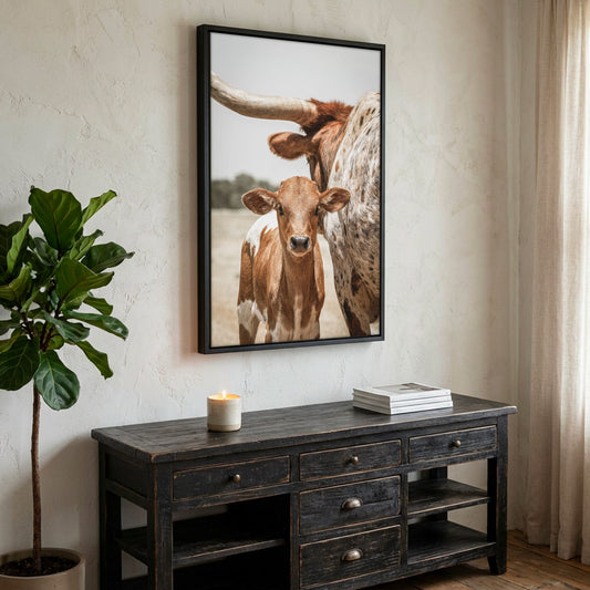 Longhorn Calf Canvas Print - Texas Longhorn Art Canvas-Black Frame / 12 x 18 Inches