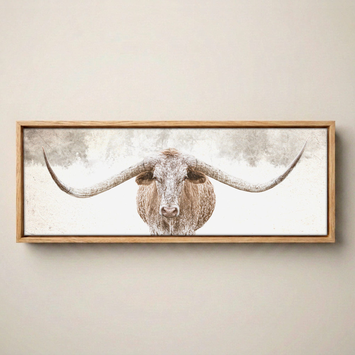 Longhorn Canvas Art - Sepia Panoramic Wall Art Canvas-Natural Oak Float Frame / 12 x 36 Inches