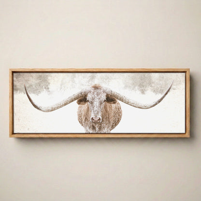 Longhorn Canvas Art - Sepia Panoramic Wall Art Canvas-Natural Oak Float Frame / 12 x 36 Inches