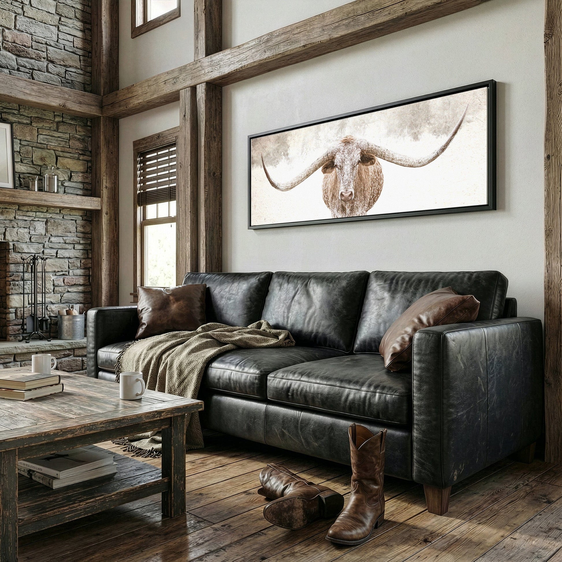 Longhorn Canvas Art - Sepia Panoramic Wall Art With Rustic Farmhouse Decor Wall Art Teri James Photography