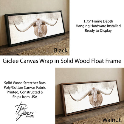 Longhorn Canvas Art - Sepia Panoramic Wall Art With Rustic Farmhouse Decor Canvas-Black Frame / 12 x 36 Inches Wall Art Teri James Photography