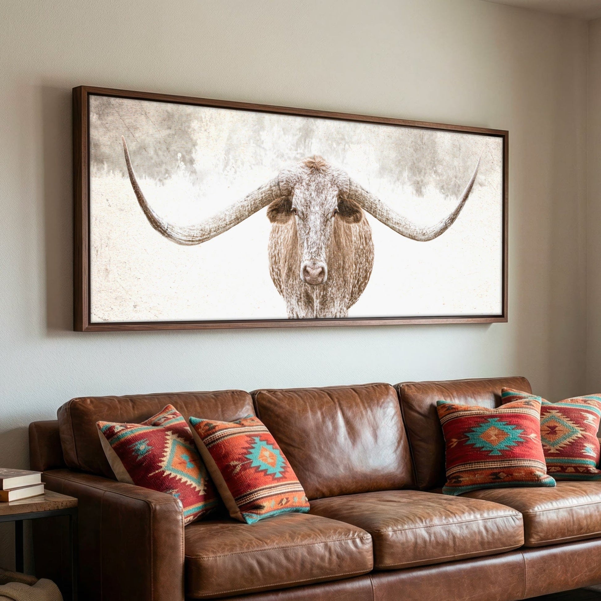 Longhorn Canvas Art - Sepia Panoramic Wall Art With Rustic Farmhouse Decor Wall Art Teri James Photography