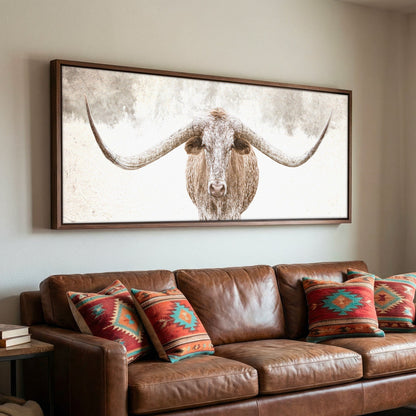 Longhorn Canvas Art - Sepia Panoramic Wall Art With Rustic Farmhouse Decor Wall Art Teri James Photography