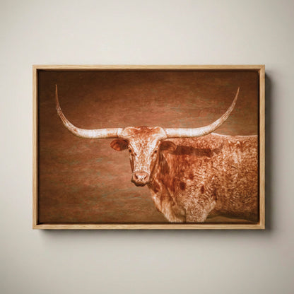 Longhorn Canvas - Framed Rustic Wall Art Turquoise Canvas-Natural Oak Float Frame / 12 x 18 Inches