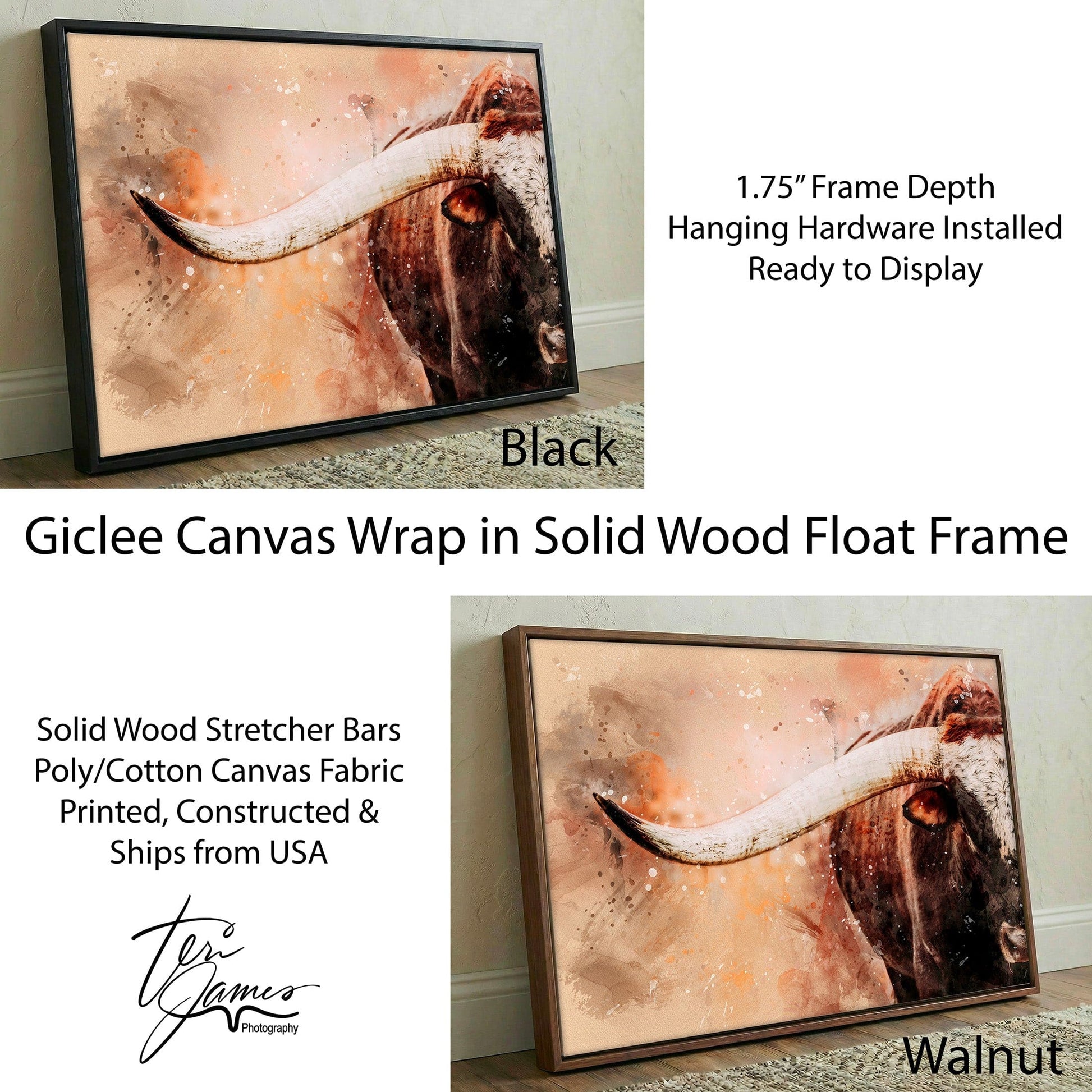 Longhorn Canvas Print – Modern Cowboy Painting With Watercolor Art Splash Canvas-Black Frame / 12 x 18 Inches Wall Art Teri James Photography