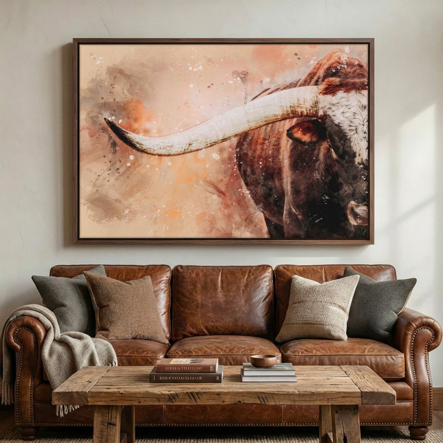 Longhorn Canvas Print – Modern Cowboy Painting With Watercolor Art Splash Wall Art Teri James Photography
