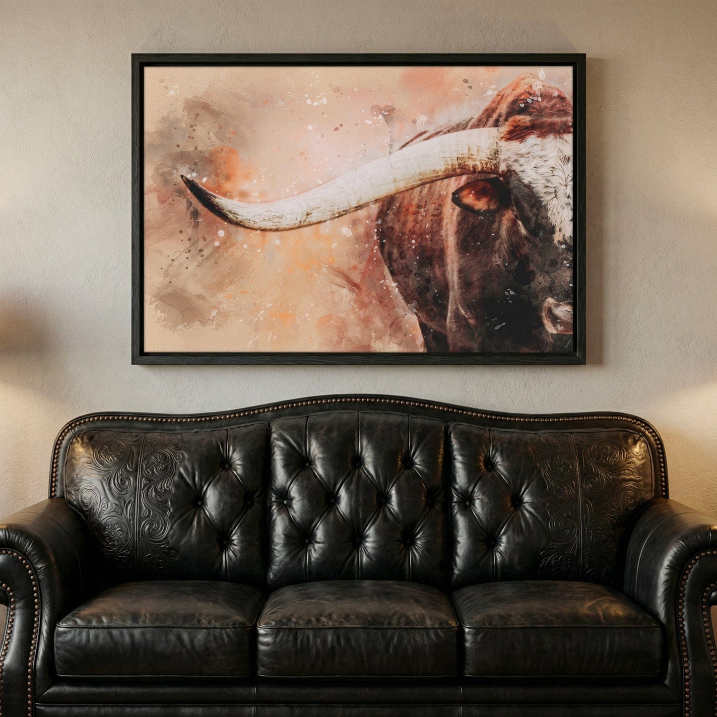 Longhorn Canvas Print – Modern Cowboy Painting With Watercolor Art Splash Canvas-Black Frame / 12 x 18 Inches Wall Art Teri James Photography