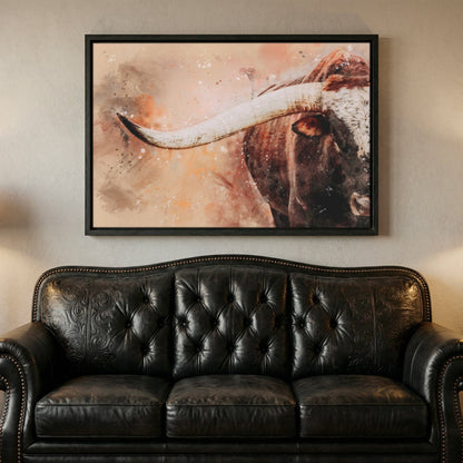 Longhorn Canvas Print – Modern Cowboy Painting With Watercolor Art Splash Canvas-Black Frame / 12 x 18 Inches Wall Art Teri James Photography